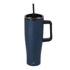 Thermosfles met rietje - Dubbelwandige drinkbeker met handgreep - Gerecycled RVS - 1,2 liter - Donkerblauw