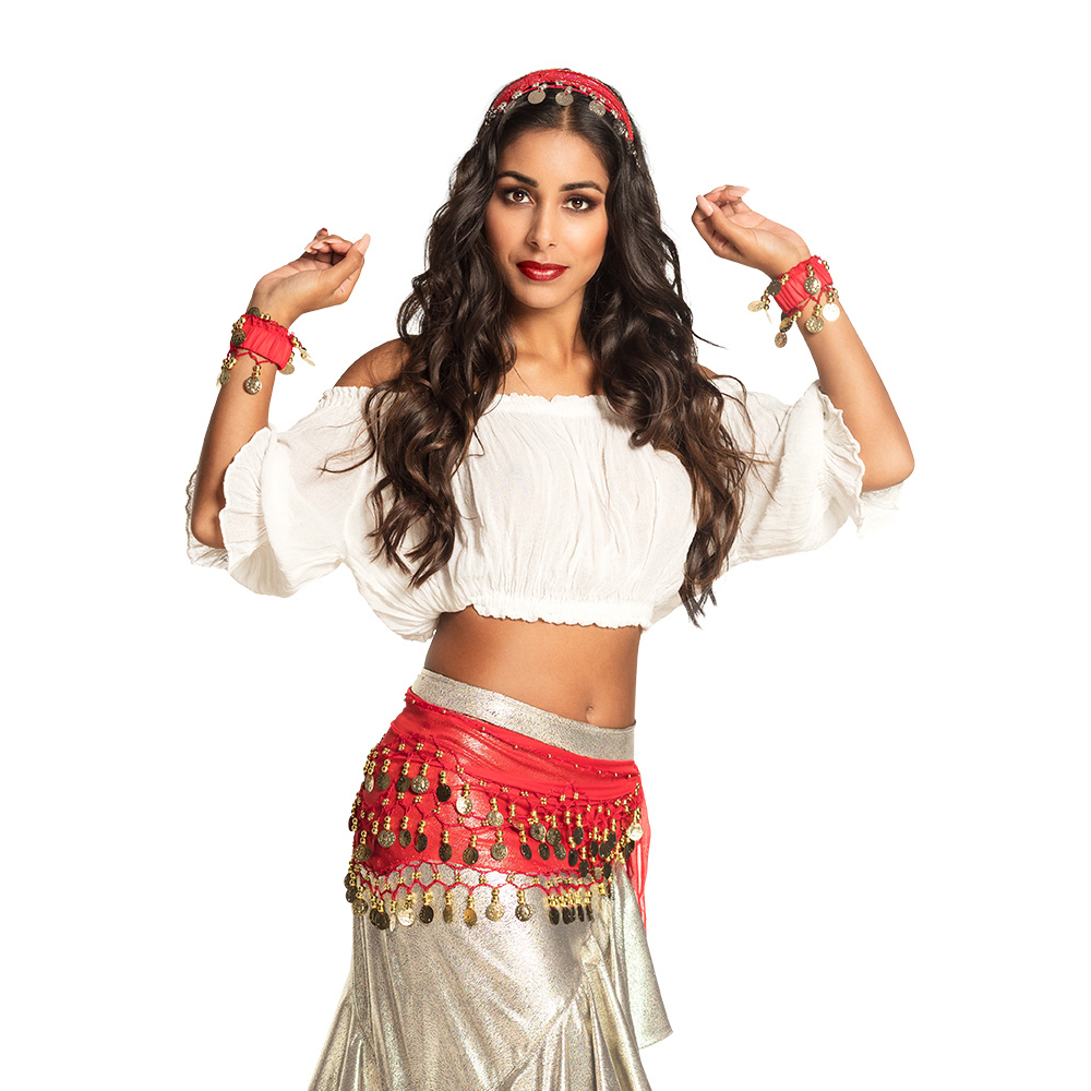 Accessoire set - Buikdanseres - Hoofdband, riem, armbanden - 4-delig - Rood - Afbeelding 6